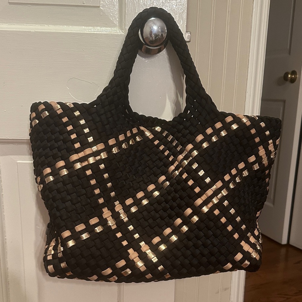 Naghedi St Barths Small Tote. Black/Gold/Beige.